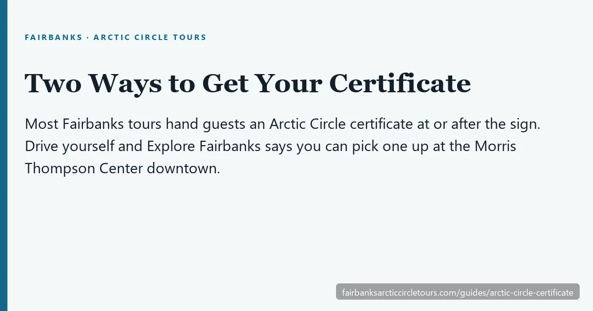 Arctic Circle certificate options in Alaska: tour operator certificate or pickup at the Morris Thompson Center in Fairbanks