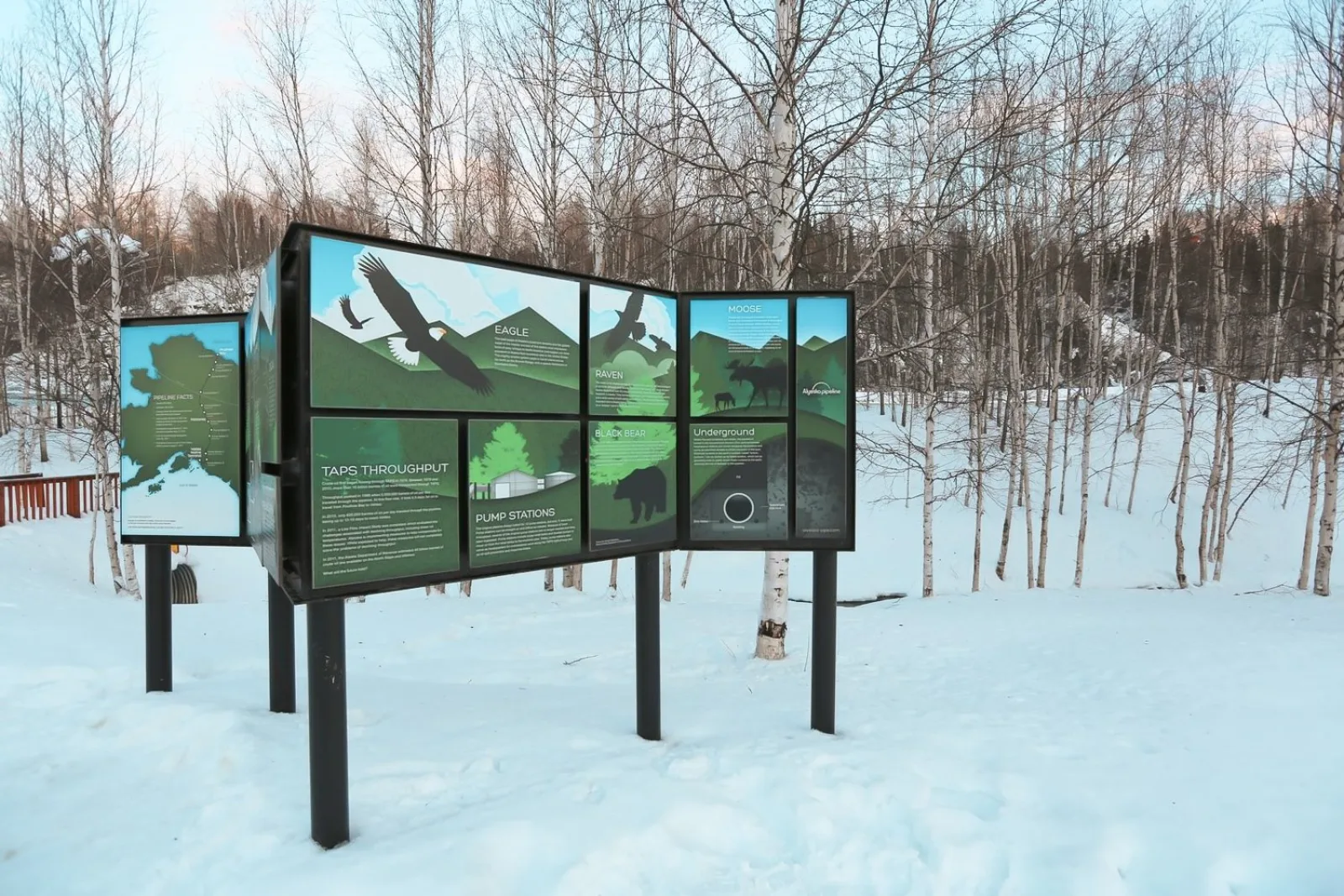 Alyeska Pipeline interpretive panels in the snow at the Trans-Alaska Pipeline viewing area north of Fairbanks