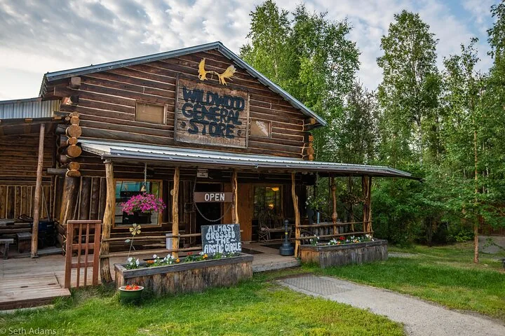 Log-built Wildwood General Store at the Arctic Circle Trading Post in Joy, Alaska, in summer