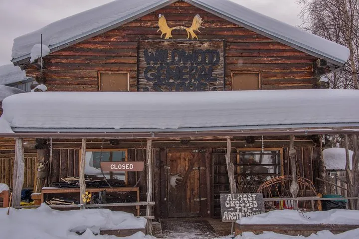 Wildwood General Store at the Arctic Circle Trading Post in Joy under heavy winter snow