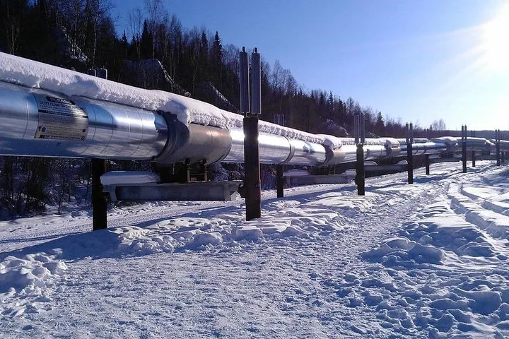 Trans-Alaska Pipeline on its elevated supports in deep snow under a low winter sun, a stop on the drive north